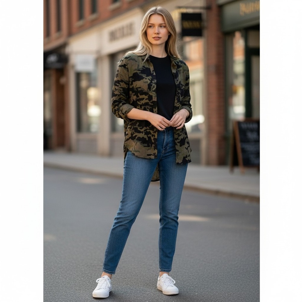 Rock & Republic Womens Camo Button Up Shirt XS Green Camouflage High Low Hem